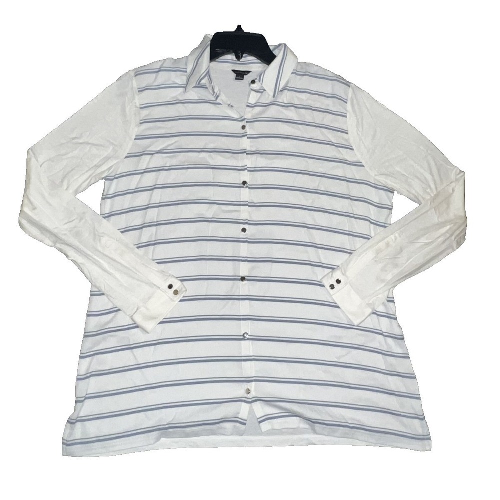 Ann Taylor Striped Button Up Shirt Women's Size L Long Sleeve Collared Top Blue - Picture 6 of 9